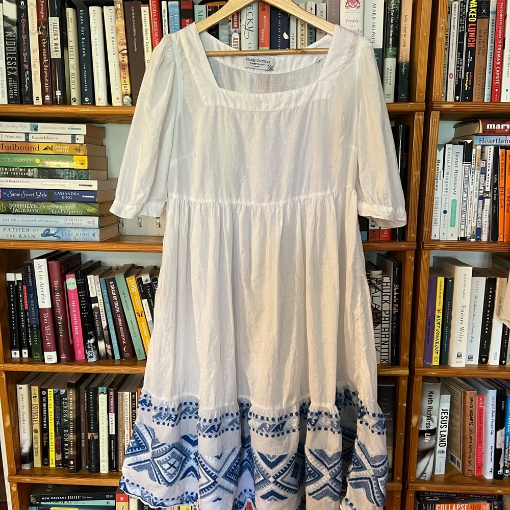 Greek White and Blue Dress purchased in Mallorca by Harris Cotton
